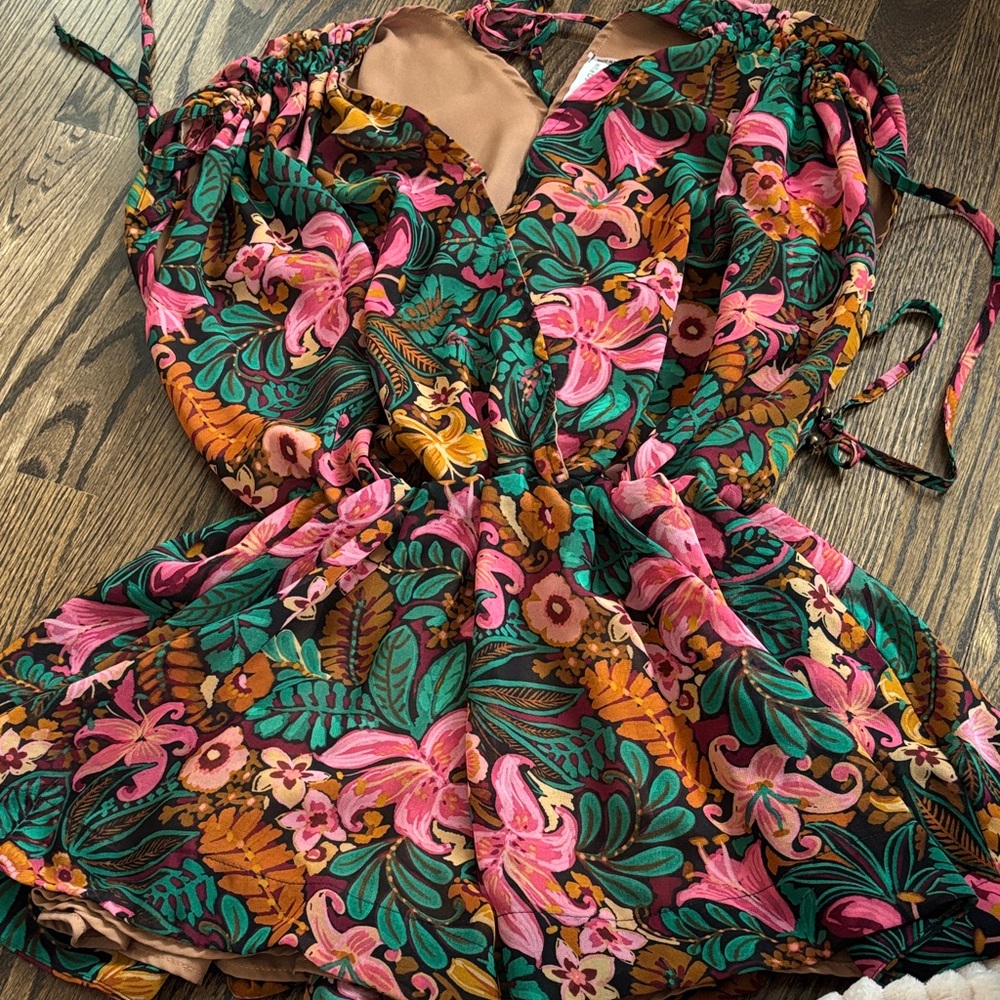 Dress Forum Floral V-Neck Dress in Pink, Teal & Mustard